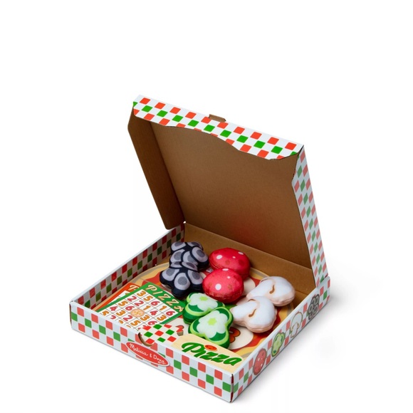 Melissa & Doug plush pizza toppings at the wooden double-sided tabletop - Picture 2 of 3